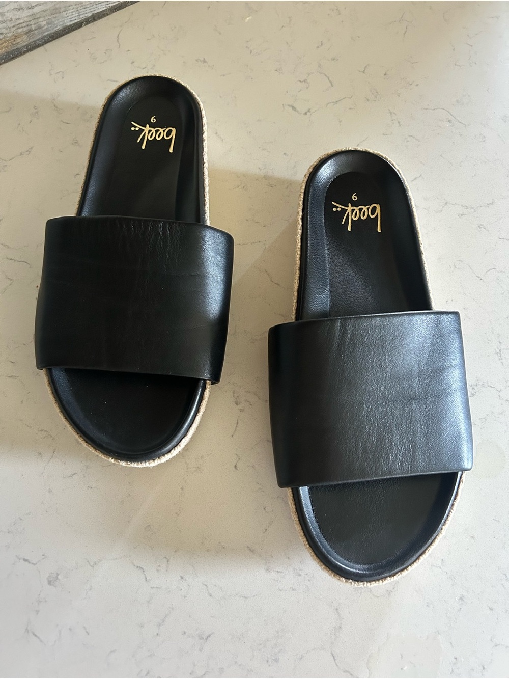 Like New Beek Pelican Jute Black Leather Platform Slide Sandals - Picture 4 of 16